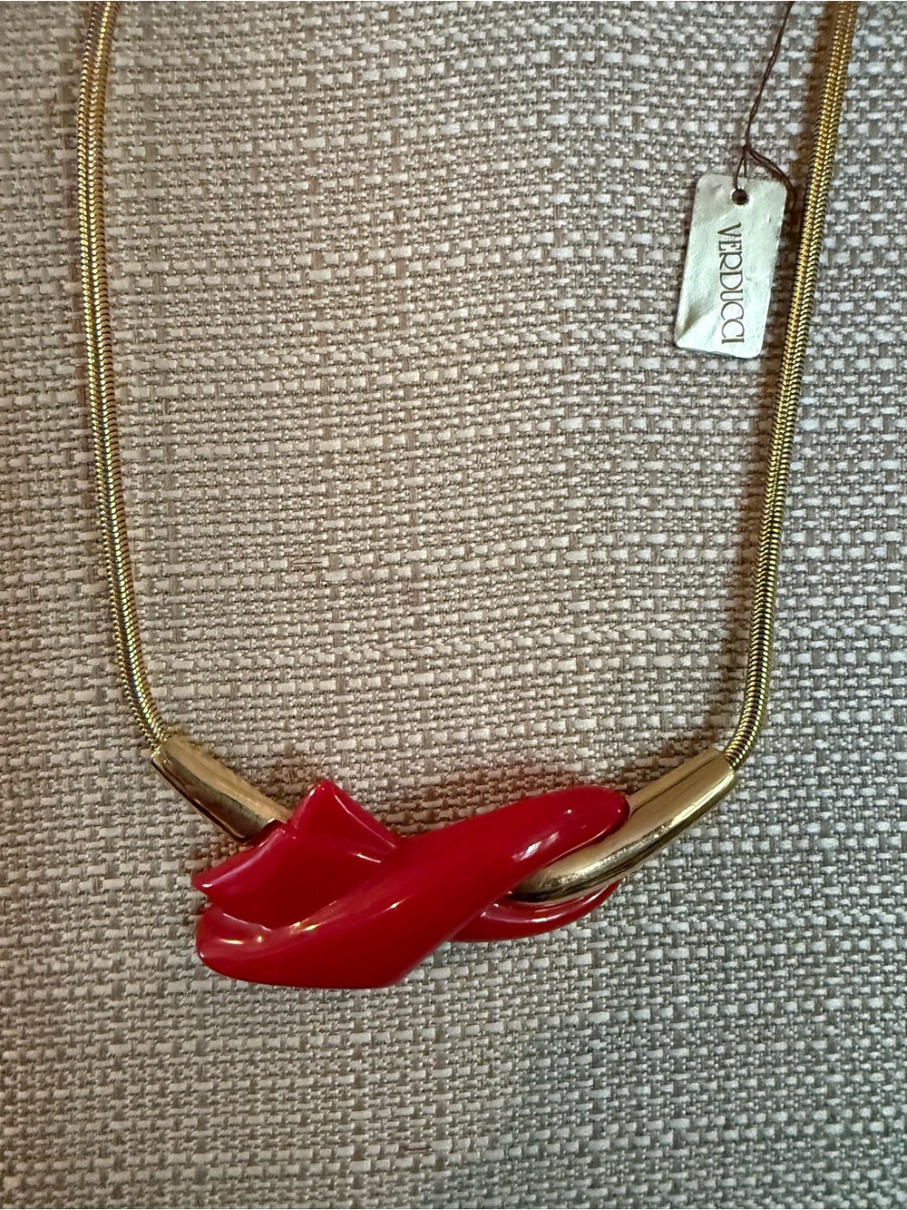 Verducci Red Modernist Abstract Pendant Necklace Gold Tone Snake Chain Vintage